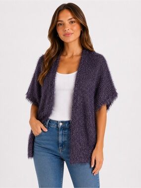 Cozy Open-Front Eyelash Short Sleeve Cardigan Sweater